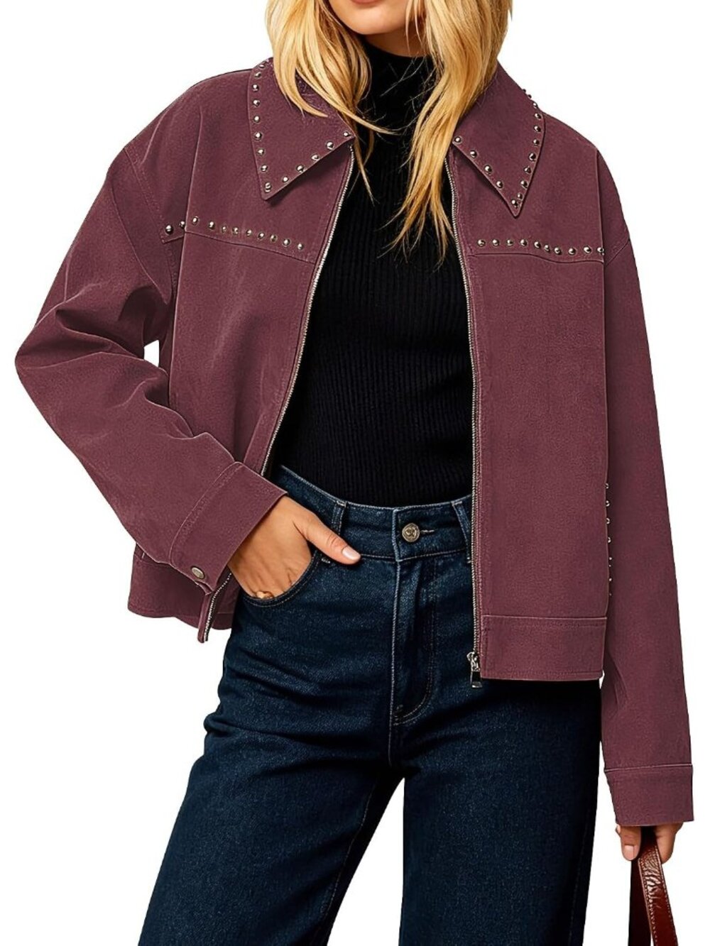 Women's Burgundy Faux Suede Studded ZIP Up Lapel Collar Coat Cropped Jacket